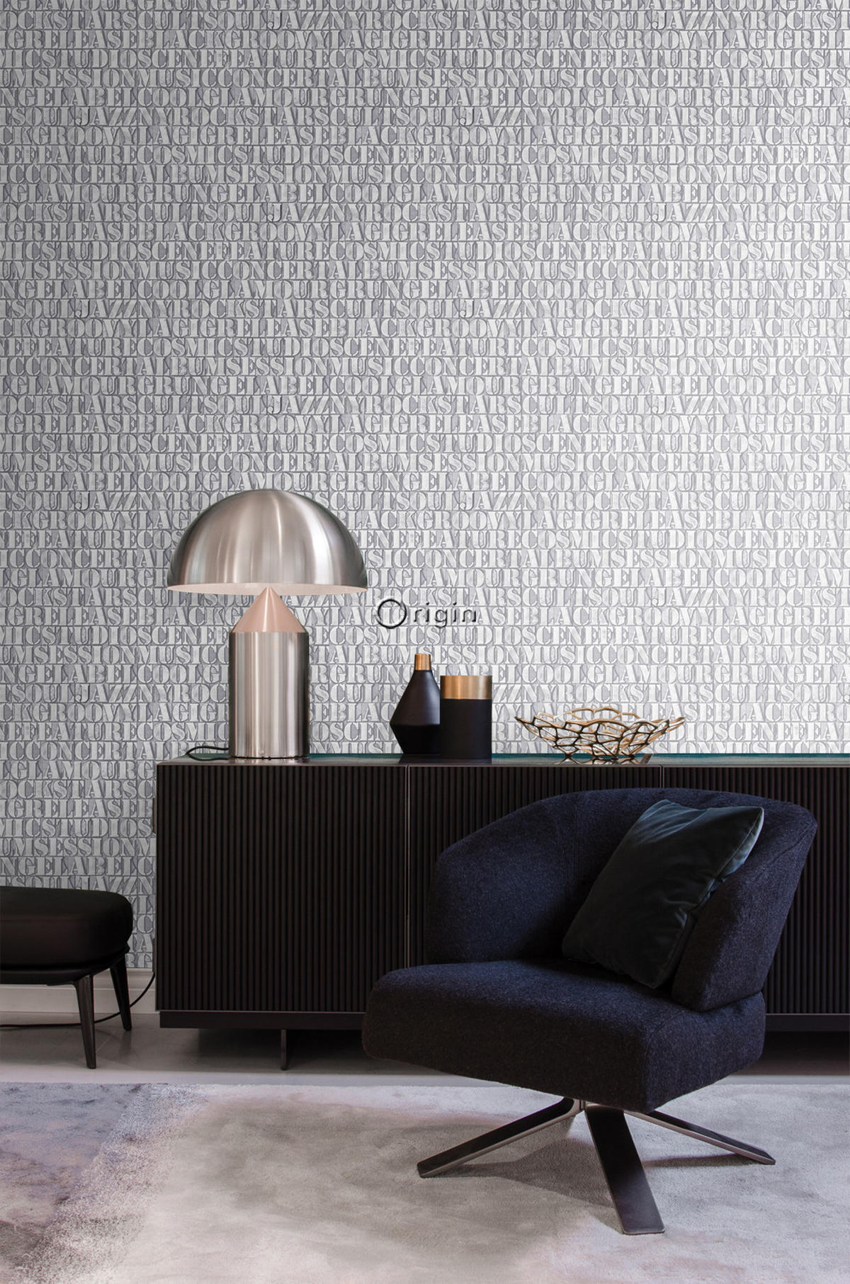 TAPETE alte eiserne Druckbuchstaben 53 cm x 10.05 m - Grau, Papier (53/1000cm) - Origin Wallcoverings
