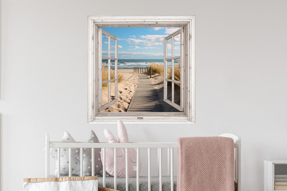 WANDTATTOO Fenster - Meer - Küste - Natur - Ausblick - Strand - Wattenmeer 50x50 cm - Beige, Kunststoff (50/50/0.1cm) - MuchoWow