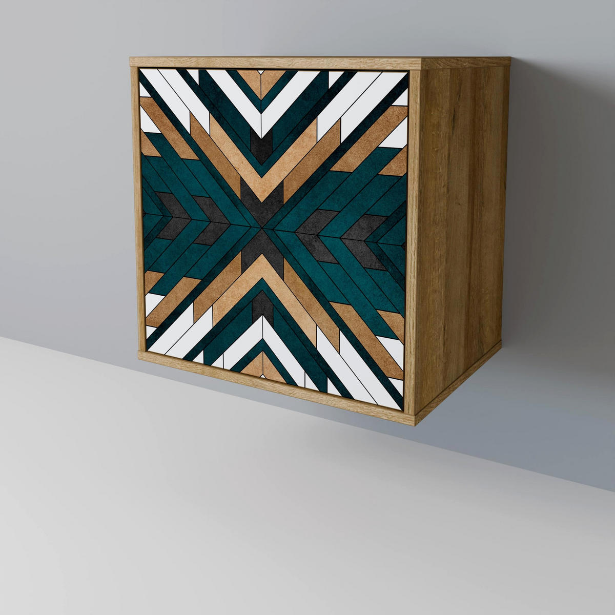 SIDEBOARD ARTISTIC GEOMETRY, Eichefarben, 57,5x42x70,5 cm, Schwarze Metall-Sternfüße - Eichefarben/Multicolor, Holzwerkstoff/Metall (57.5/70.5/42cm) - SpaceRebels
