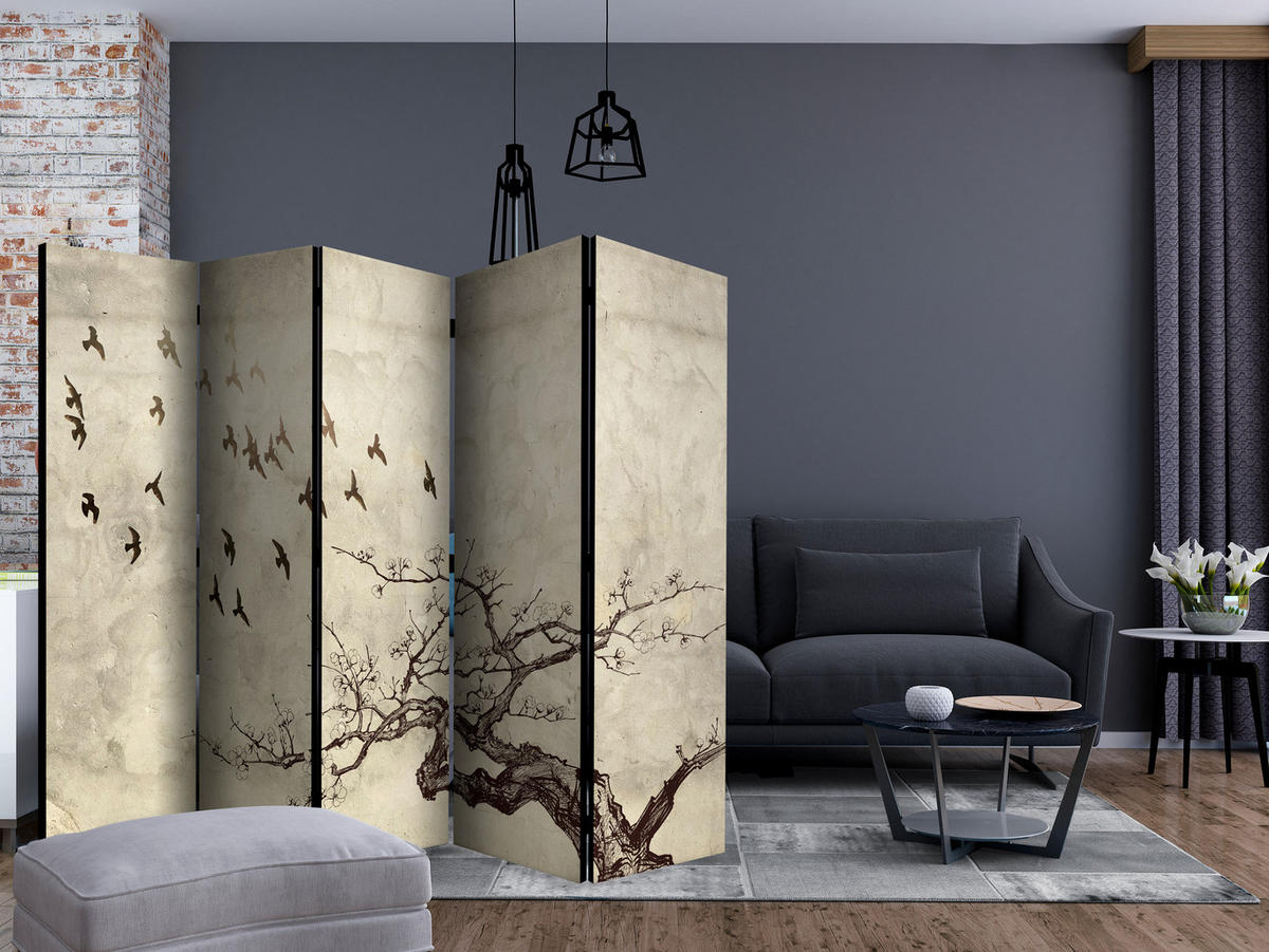 PARAVÁN Akustický 5-dielny 225x172 cm Strom Vtáky Vintage - béžová, drevo/textil (225/172/3cm) - Muralo