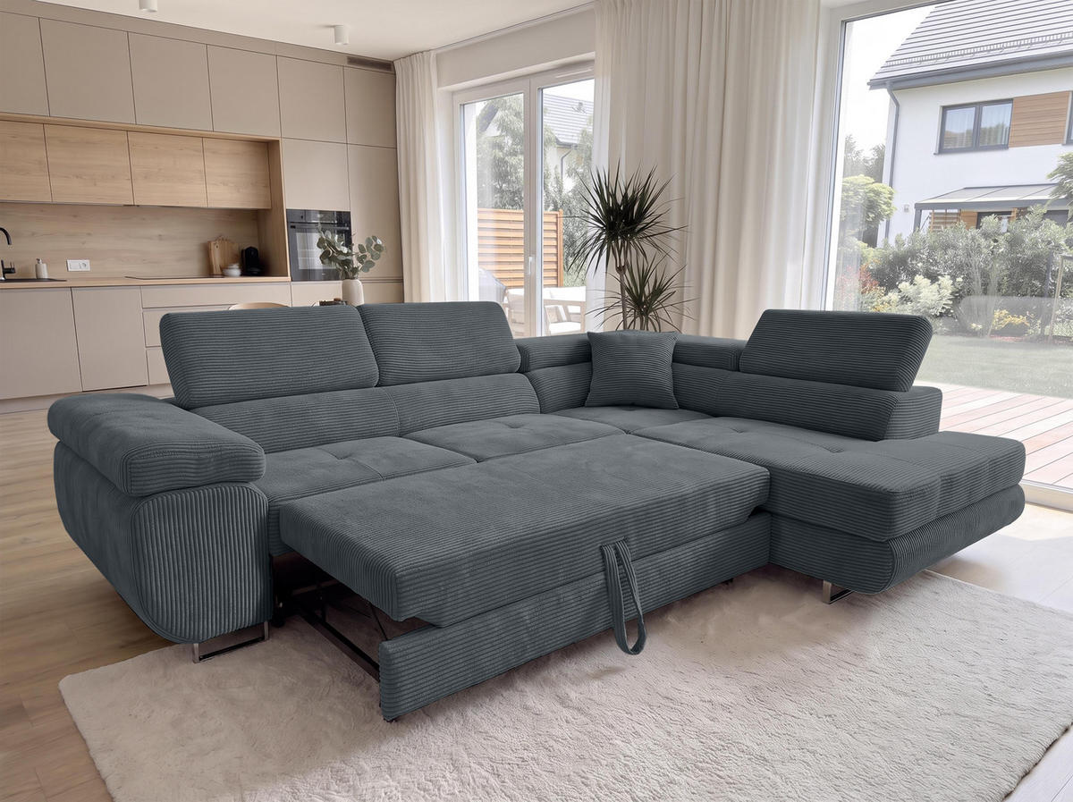 ECKSOFA L Form Konak Dunkelgrau 276/201/90 cm Rechts mit Schlaffunktion - Dunkelgrau/Silberfarben, Textil/Metall (276/203cm) - AX Living