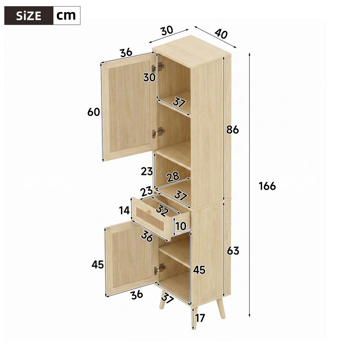 HOCHSCHRANK Naturfarben mit wendbaren Rattan‑Schranktüren und goldenen Griffen, 40 × 30 × 166 cm - Naturfarben, Holzwerkstoff (40/166/30cm) - Luhomfu