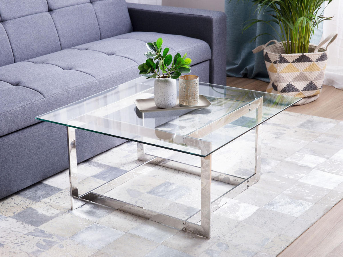 COUCHTISCH Glas silber quadratisch 80/80 cm Crystal - Transparent/Silberfarben, Glas (80/80/40cm) - Beliani