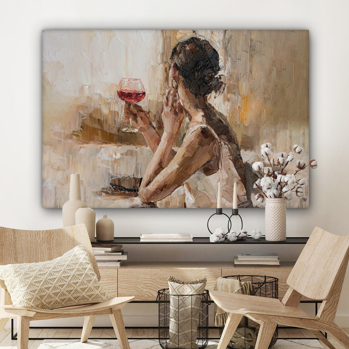 LEINWANDBILD Ölgemälde - Frau - Wein Wohnzimmer Groß 120x80 cm - Hellbraun, Textil (120/80cm) - MuchoWow