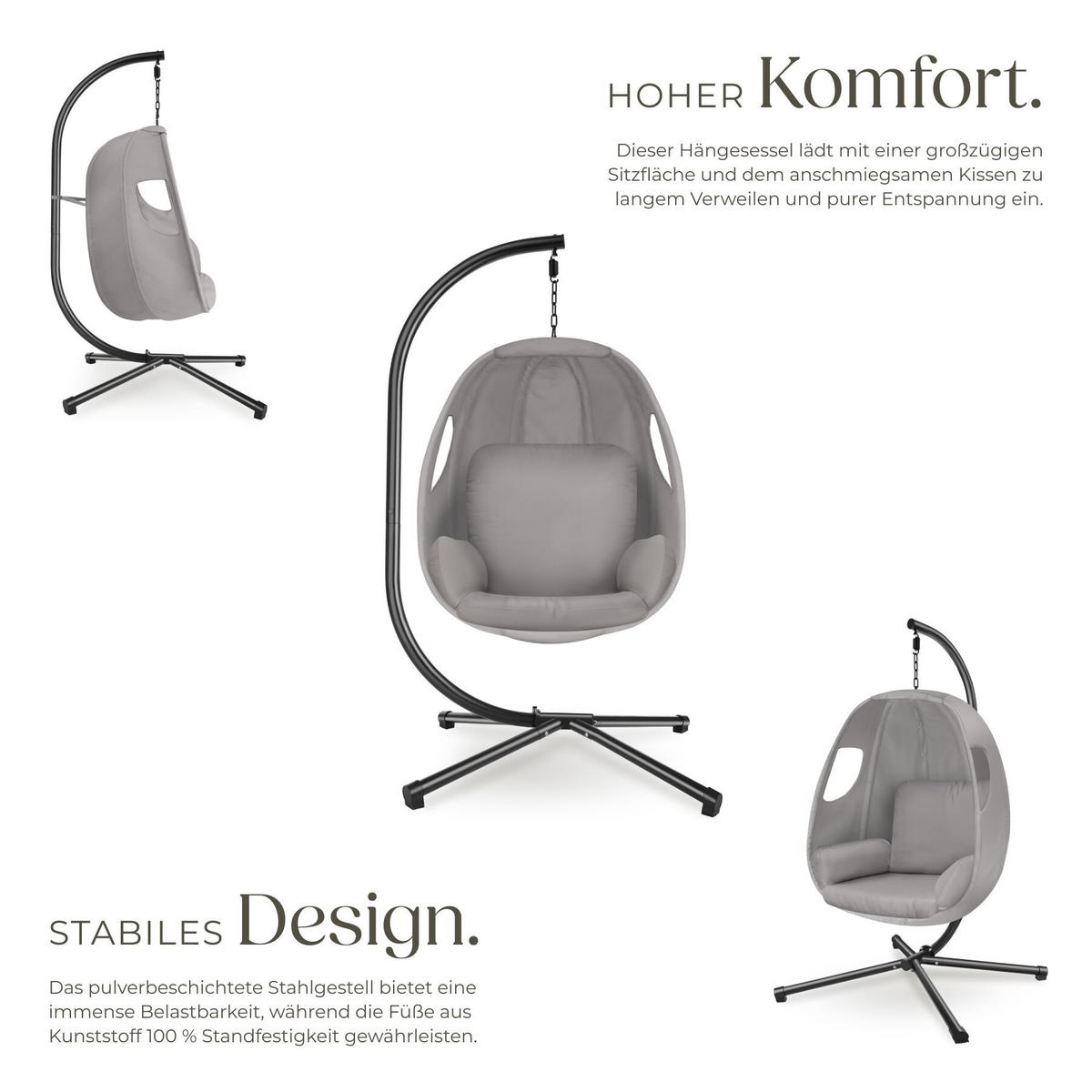 HÄNGESESSEL Anika mit Gestell und Kissen,360° drehbar,160 kg,anthrazit,100x97x201 cm - Anthrazit, Kunststoff/Textil (100/201/97cm) - tectake