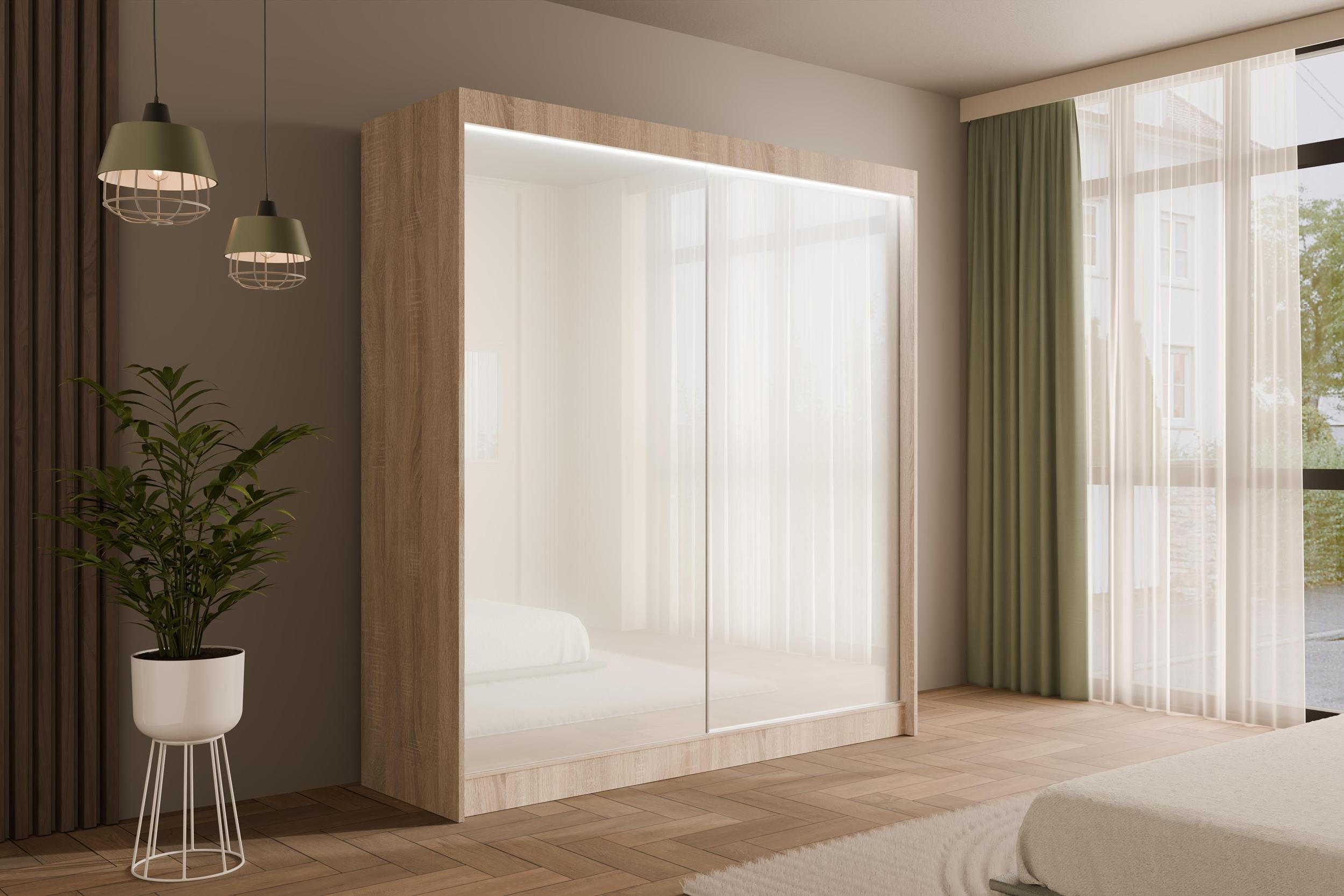 KLEIDERSCHRANK PEKA mit LED - 200 cm - Sonoma Eiche|Weiß - Weiß/Sonoma Eiche, Holzwerkstoff (200/215/61cm) - ALTDECOR