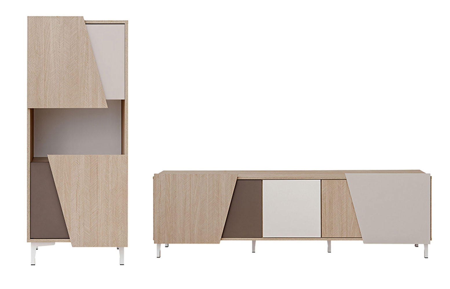 WOHNZIMMER SET Viste braun / weiß hochglanz 230cm / 40 cm / 122cm - Ecru/Weiß Hochglanz, Holz/Holzwerkstoff (230/122/40cm) - Furnival