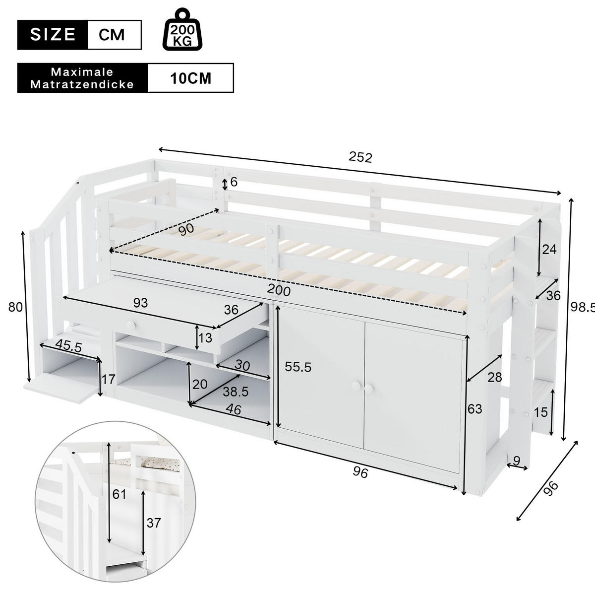 KINDERBETT aus Massivholz und MDF 90x200 cm Weiß mit Stauraum, Treppe und Schreibtisch - Weiß, Holz (90/200cm) - IVMEU