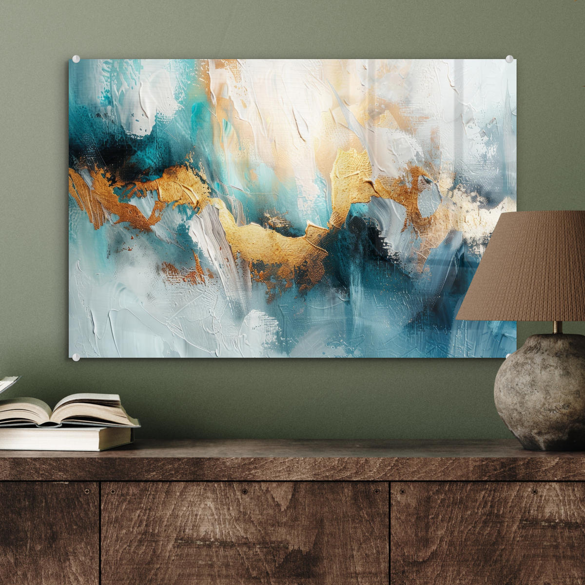 ACRYLGLASBILD Abstrakt - Kunst - Gold - Blau 60x40 cm - Petrol, Glas (60/40cm) - MuchoWow