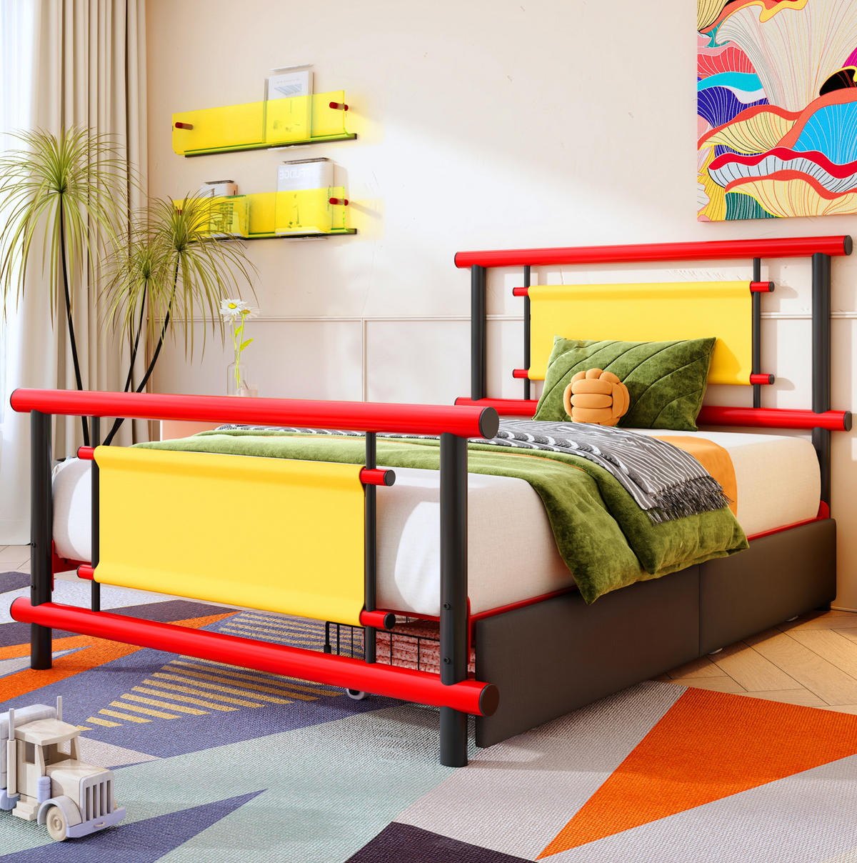 KINDERBETT 90/200 cm Rot aus Metall mit Schubladen ohne Matratze - Rot, Metall (90/200cm) - MIVRAY