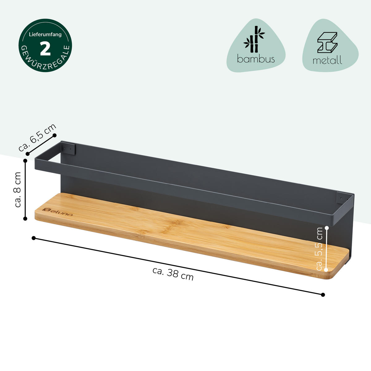GEWÜRZREGALE 2er Set, Metall, grau - Grau, Metall (38/8/6.5cm) - eluno