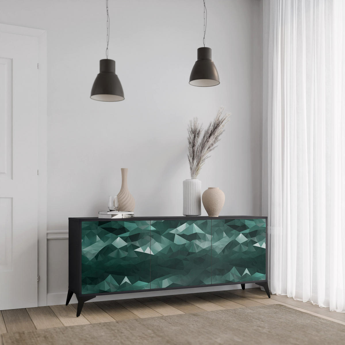 SIDEBOARD POLYGONAL FLOATING, Eicheneffekt, 164,5x42x77,5 cm, 3 Türen - Eichefarben/Buchefarben, Holzwerkstoff/Buchenholz (164.5/77.5/42cm) - SpaceRebels