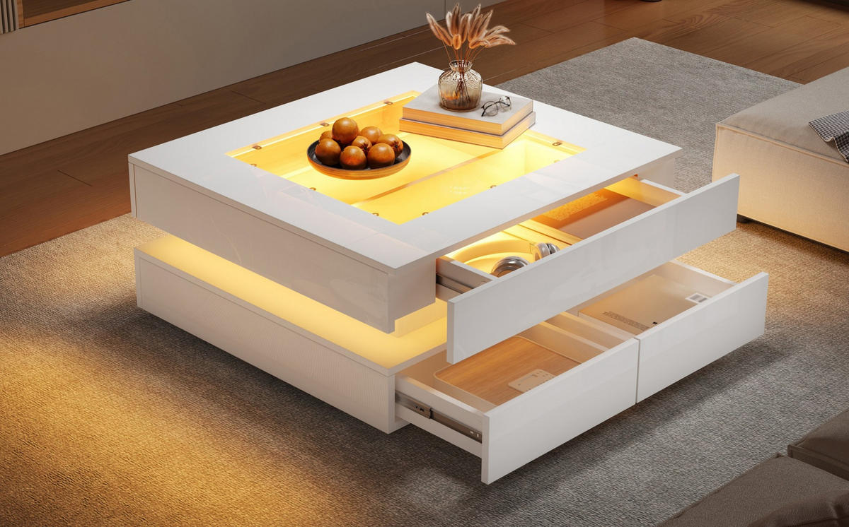 COUCHTISCH 70/70 cm mit LED-Beleuchtung, Glasplatte und 3 Schubladen - Weiß, Holzwerkstoff (70/70/35cm) - BEAOK