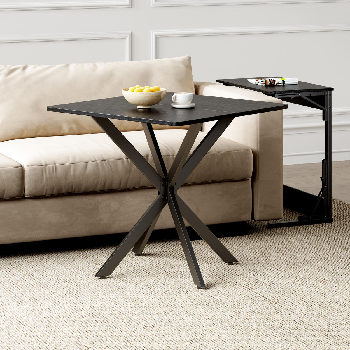BEISTELLTISCH 80/75/80 cm Schwarz aus Eisen und Spanplatte mit höhenverstellbaren Füßen - Schwarz, Holzwerkstoff (80/80/75cm) - OKMYHOME