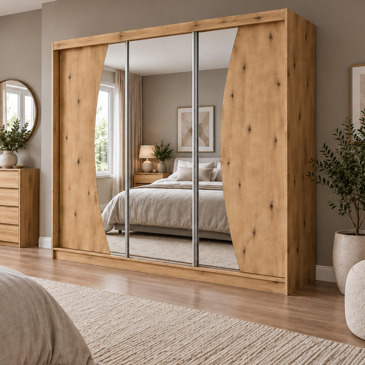 KLEIDERSCHRANK Nox 240 cm Artisan Spiegel 4 Schubladen Griffe silber - Eiche Artisan, Holzwerkstoff (240/216/61cm) - KS Home Concept