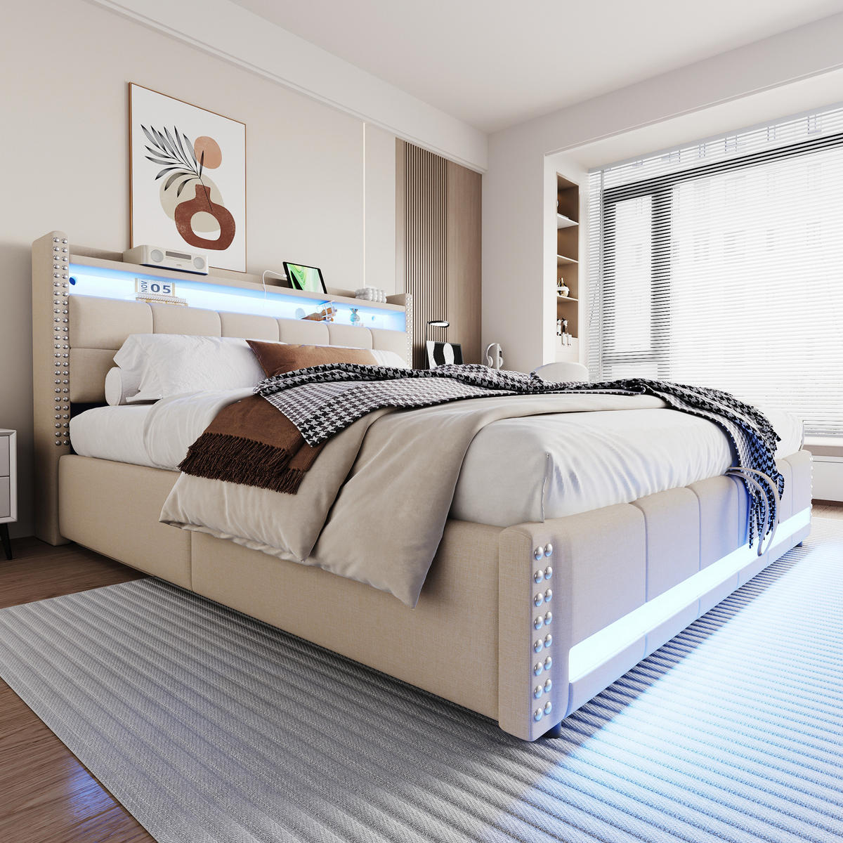 POLSTERBETT mit Stauraum und LED 180x200 cm Beige - Beige, Metall (180/200cm) - Meubliv