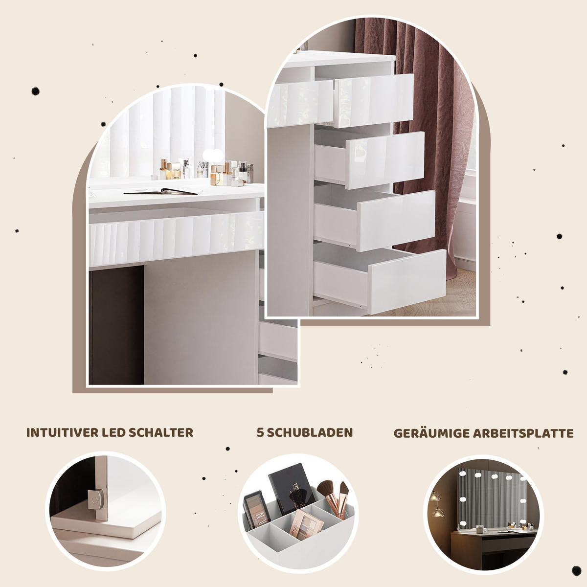 SCHMINKTISCH Bella Weiß Hochglanz 110 cm mit Spiegel und LED Beleuchtung - Weiß Hochglanz, Holzwerkstoff (110/77/55cm) - Idohome