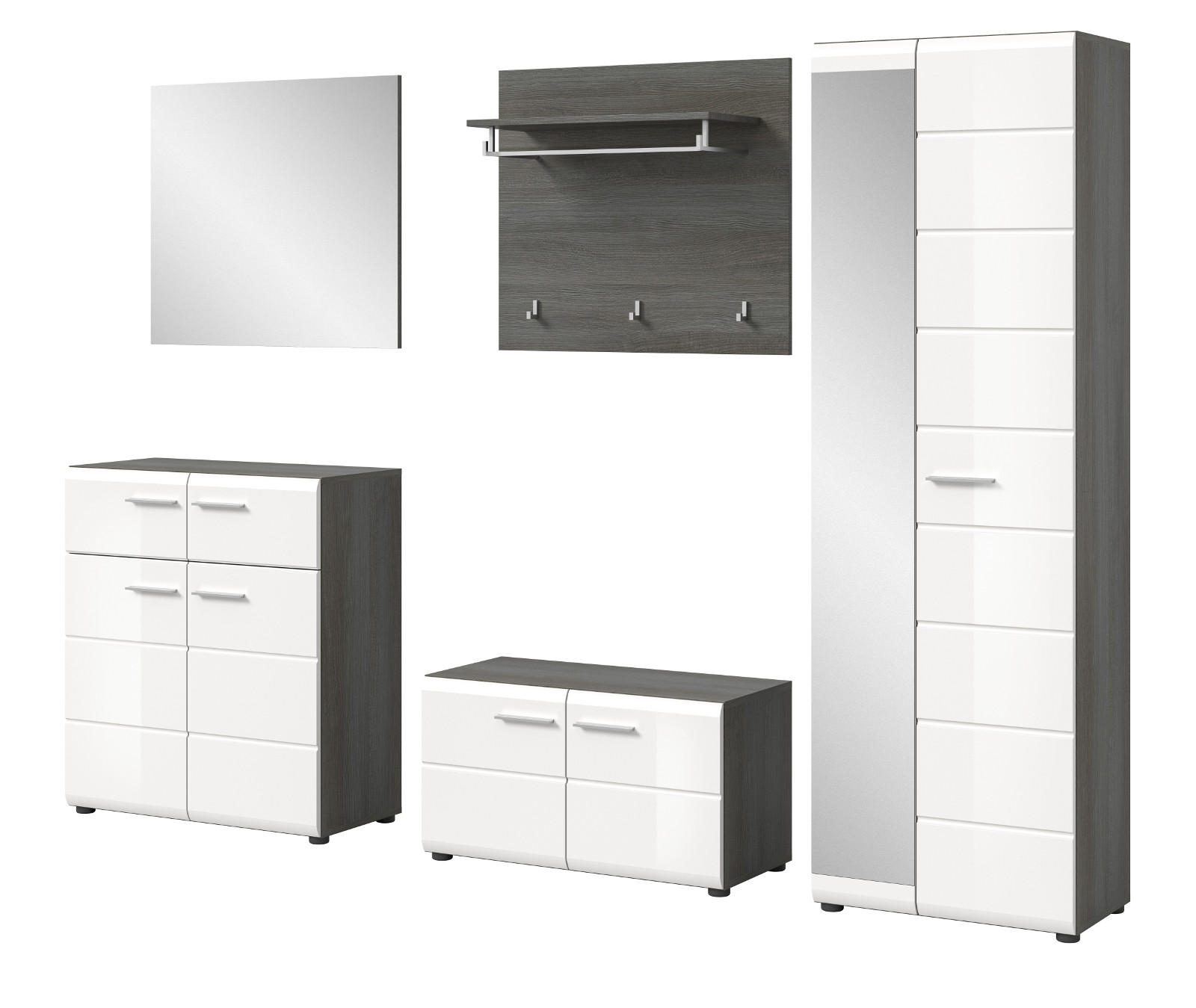 GARDEROBE Set 5-teilig weiß Hochglanz, grau 250 cm, Komplettset mit viel Stauraum - Weiß Hochglanz/Silberfarben, Glas/Holzwerkstoff (250/192/37cm) - Inn.Furn