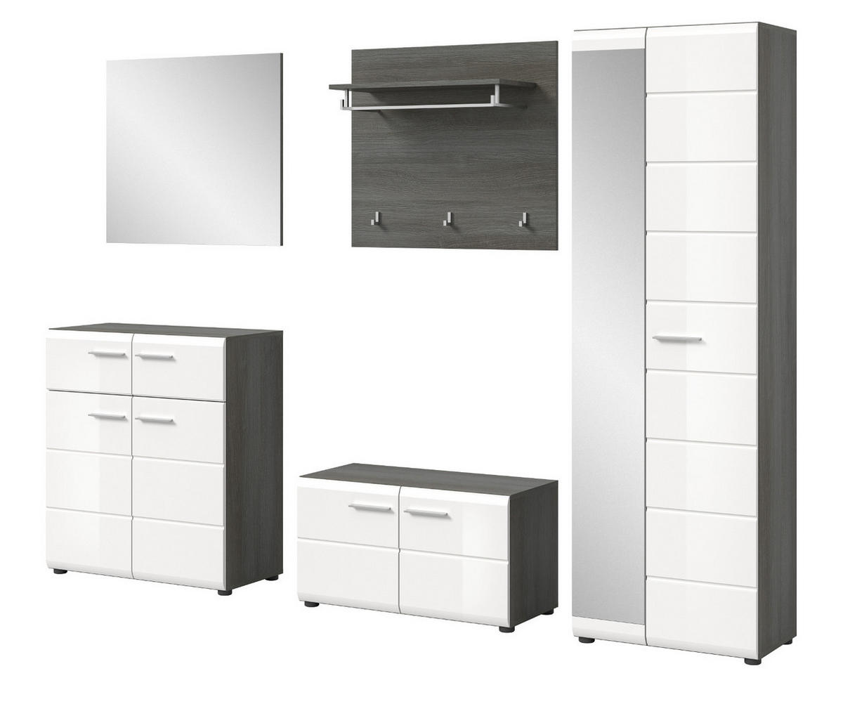 GARDEROBE Set 5-teilig weiß Hochglanz, grau 250 cm, Komplettset mit viel Stauraum - Weiß Hochglanz/Silberfarben, Glas/Holzwerkstoff (250/192/37cm) - Inn.Furn