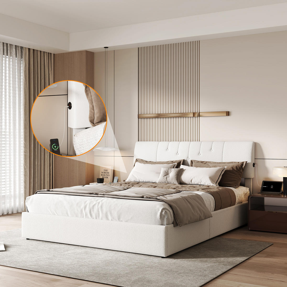 POLSTERBETT 140/200 cm Weiß mit hydraulischem Stauraum, LED-Kopfteil mit USB-C und USB-Anschluss - Weiß, Metall (140/200cm) - EuroLiving