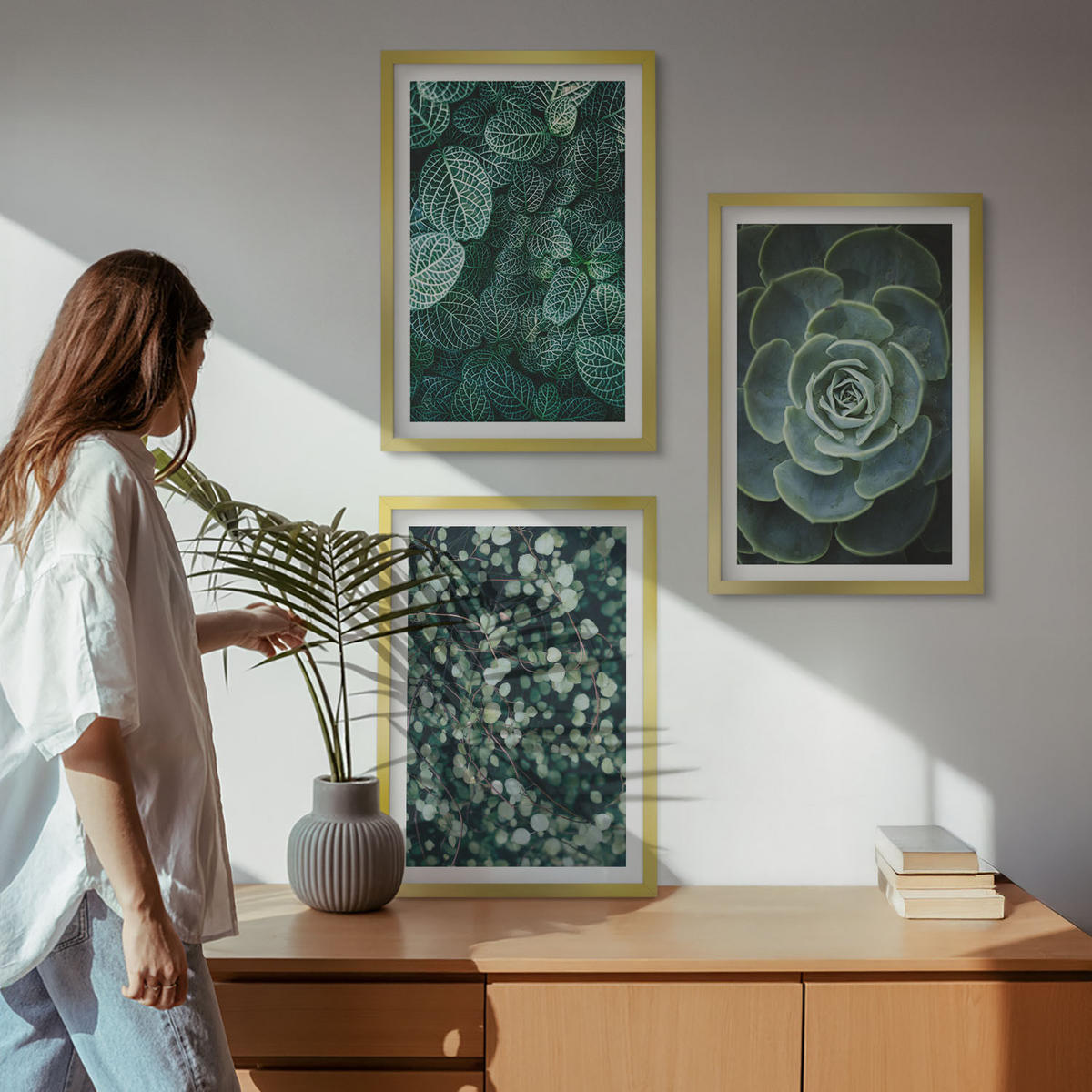 BILDER SET 3er Set - 40x60 cm Goldrahmen - Sukkulenten - Goldfarben, Kunststoff (40/60cm) - TULUP