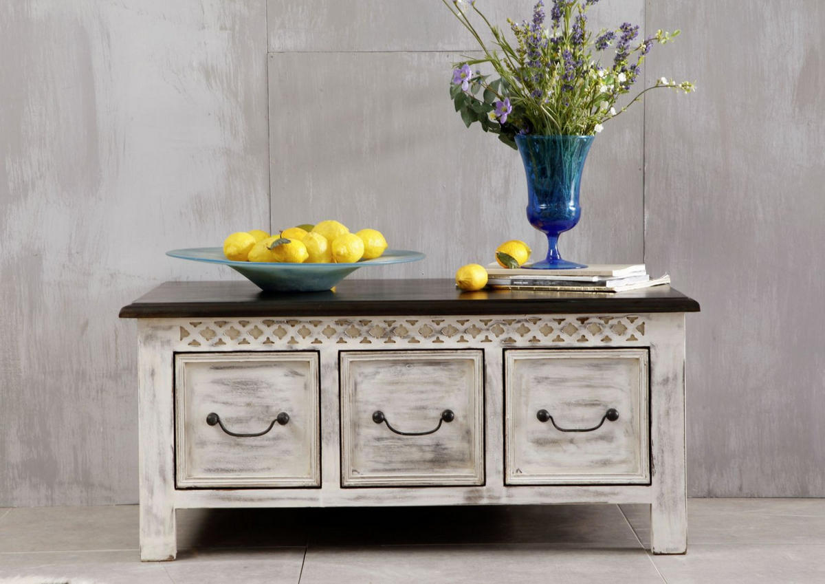 COUCHTISCH Mango / Akazie 100x57x45 weiß gewachst CASTLE-ANTIK #231 - Weiß, Holz (100/57/45cm) - Massivmoebel24