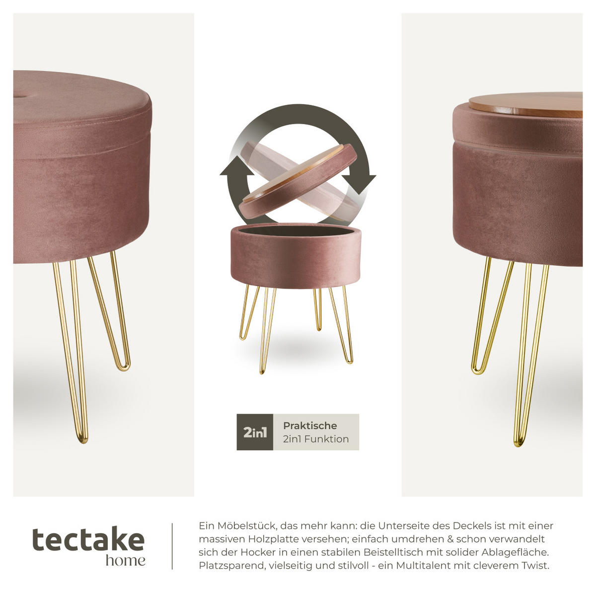 SITZHOCKER mit Stauraum Ava,37,5 x 44,5 cm,rosa - Rosa, Holz (37.5/44.5/37.5cm) - tectake