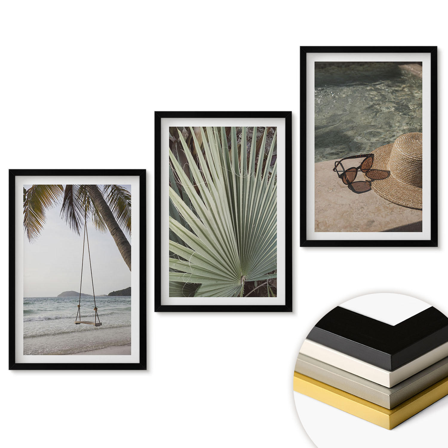 WANDBILDER 3er-Set - 40x60 cm Schwarzer Rahmen - Strandschaukel-Blätterurlaub - Schwarz, Kunststoff (40/60cm) - ArtPrintCave