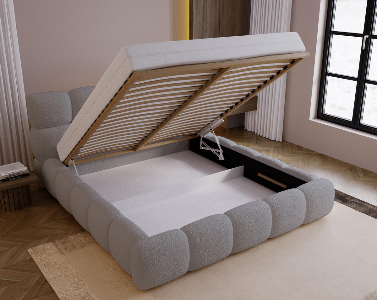 DOPPELBETT 200x200 Lucca mit Bettkasten, Stoff Bouclé, Hellgrau - Hellgrau, Holz/Textil (200/200cm) - Emporius