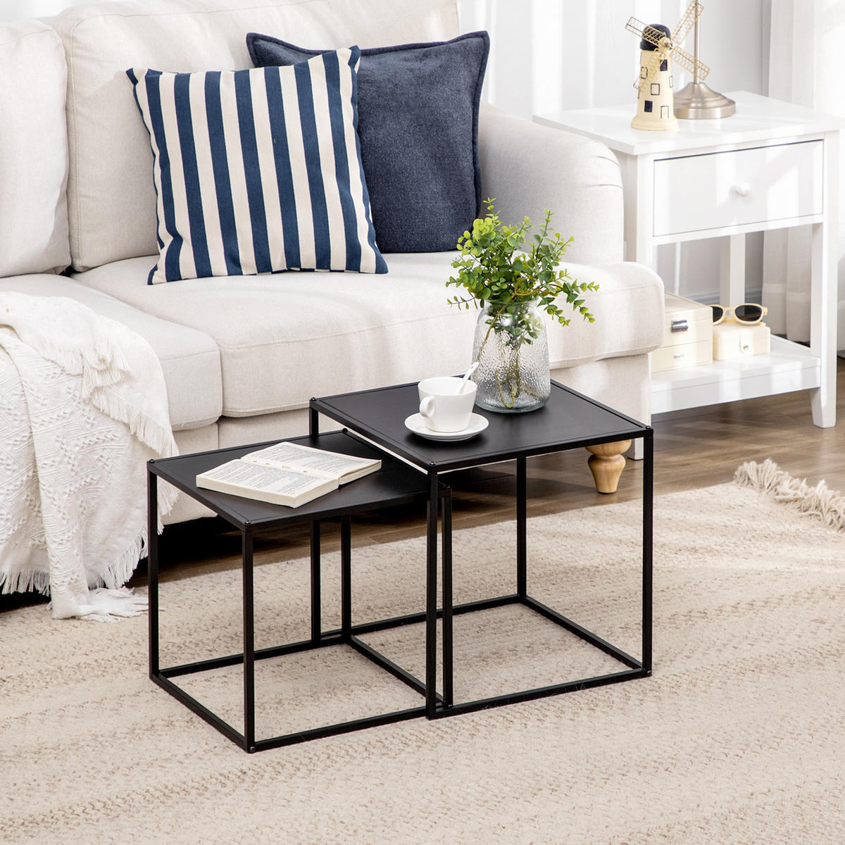 2ER-SET Couchtisch Beistelltisch für Wohnzimmer aus Stahlgestell Schwarz - Schwarz, Metall (40/40/40cm) - HOMCOM