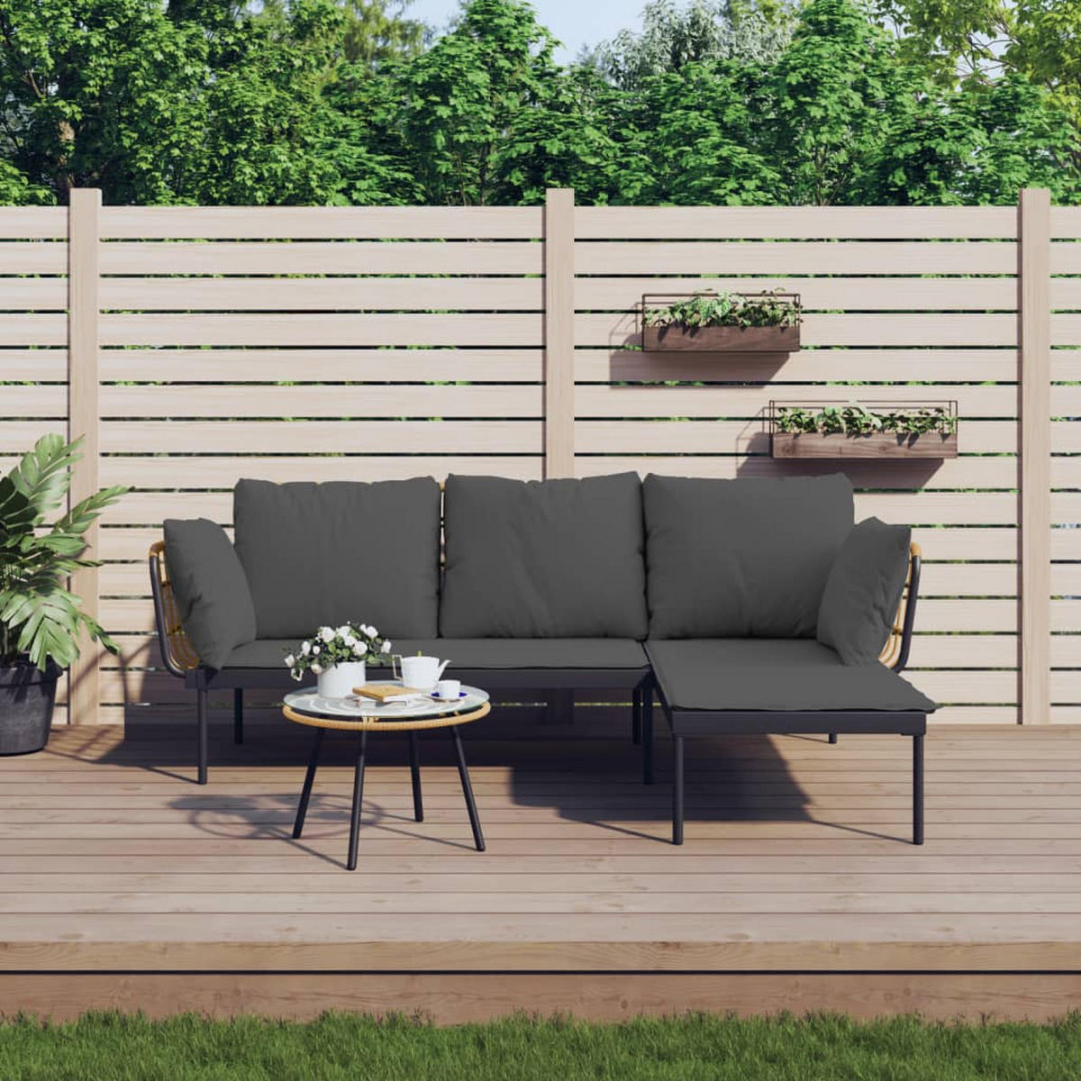 GARTEN-LOUNGE-SET 3Er Set Mit Kissen Dunkelgrau Poly Rattan - Anthrazit, Kunststoff - vidaXL