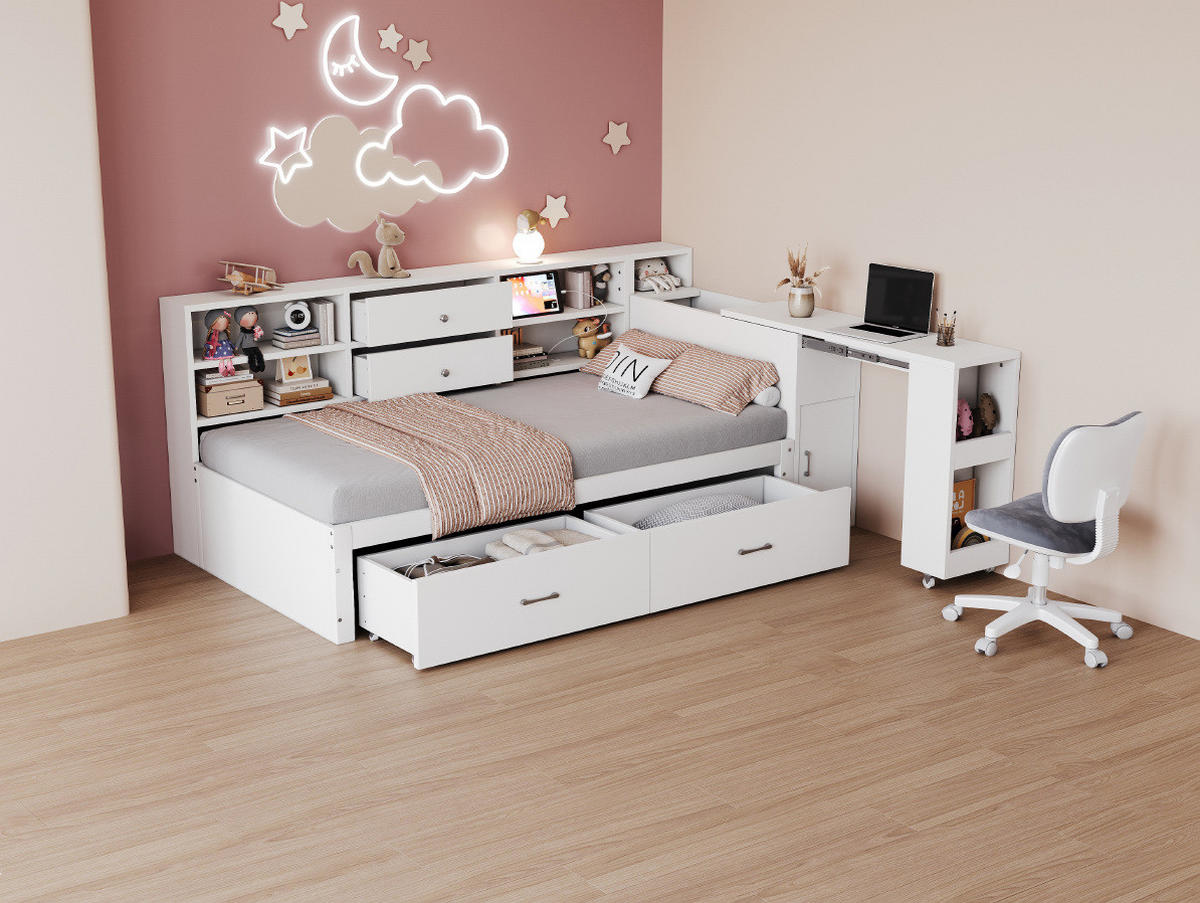 BETT 90/200 cm Weiß aus Holz mit Stauraum und ausziehbarem Schreibtisch - Weiß, Holz (90/200cm) - OKMYHOME