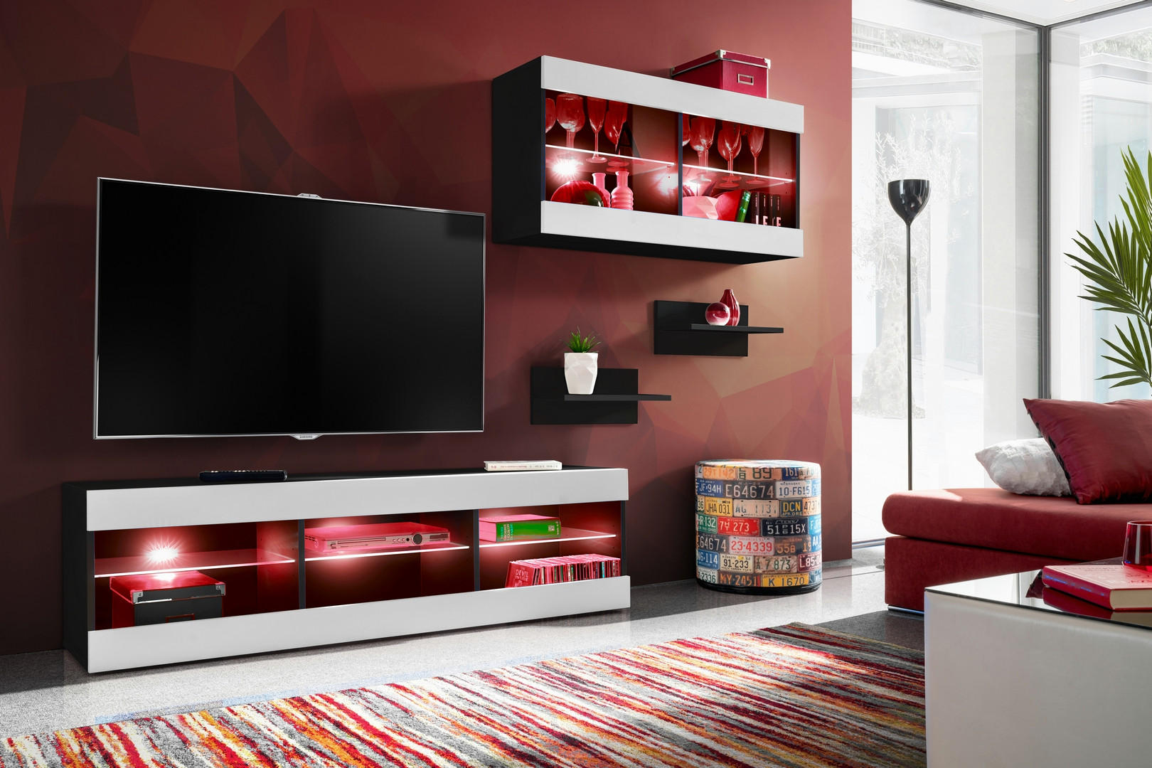 WOHNWAND 4-er Set, TIVOLI SET3 mit mehrfarbige LED RGB Beleuchtung Schwarz + Weiß, Offener Raum - Eiche Wotan/Weiß, Glas/Holzwerkstoff (240/195/35cm) - Komodee