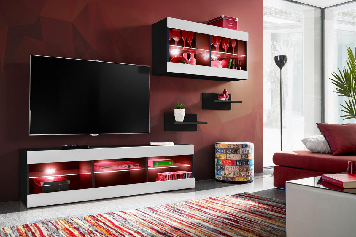 WOHNWAND 4-er Set, TIVOLI SET3 mit mehrfarbige LED RGB Beleuchtung Schwarz + Weiß, Offener Raum - Eiche Wotan/Weiß, Glas/Holzwerkstoff (240/195/35cm) - Komodee