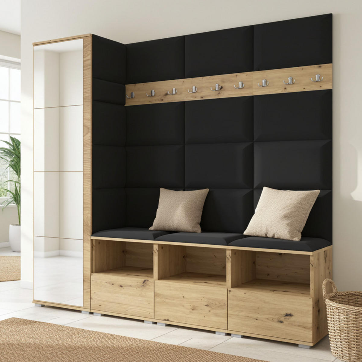 GARDEROBE NELA IX 200 cm (Modulare Flurmöbel Artisan Eiche mit Spiegel & Sitzpolster Schwarz 16 Breite Sitzbank) - Silberfarben/Schwarz, Holz/Holzwerkstoff (200/187/40cm) - Ravio