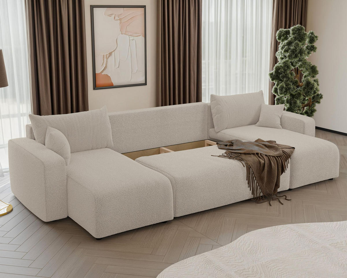 WOHNLANDSCHAFT Pianoni Hellbeige Bouclé-Bezug - Ecru/Schwarz, Kunststoff/Textil (312/83/140cm) - Selsey