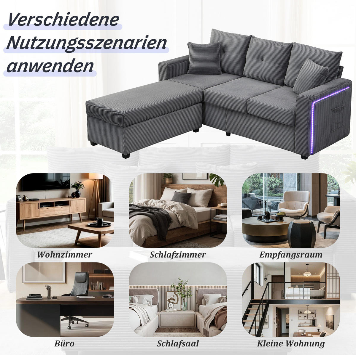 SOFA mit LED und Hocker L-Form Cord Antique Gray 5-Kissen-Set - Grau, Kunststoff (184/84.5cm) - IVMEU