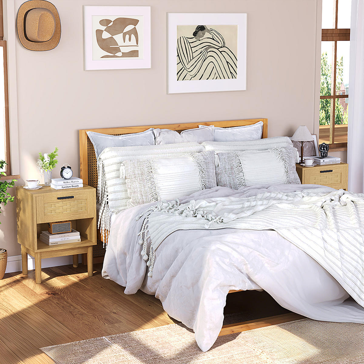 NACHTTISCH 2er Set Holz Rattan Schublade offenes Fach Eiche - Naturfarben, Holz (30/55/40cm) - LEBENLANG