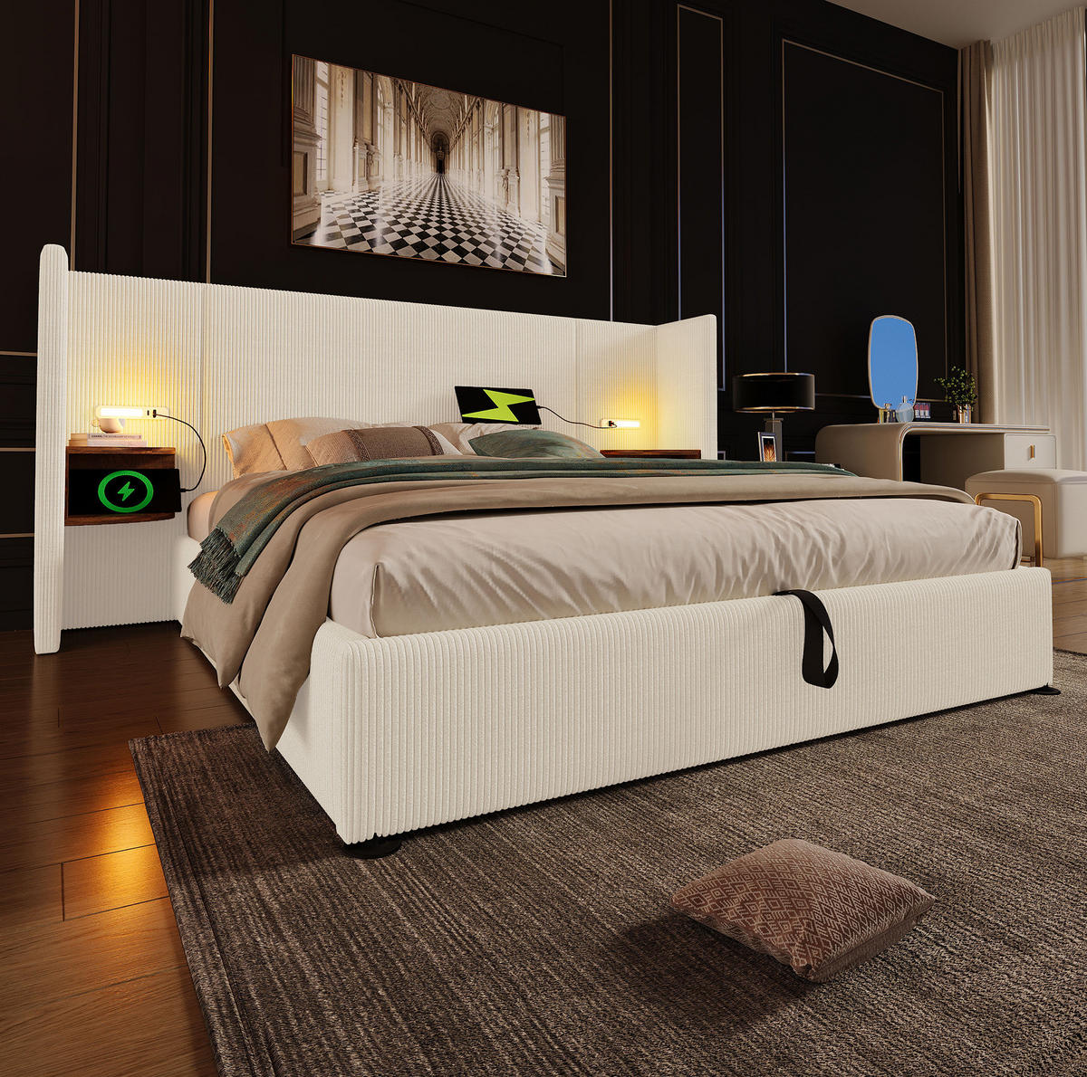 ČALÚNENÁ posteľ 180/200 cm s nočným panelom, LED čítacou lampou a USB/Type-C nabíjaním, úložný priestor, Beige-Weiß - béžová, textil (180/200cm) - Redom