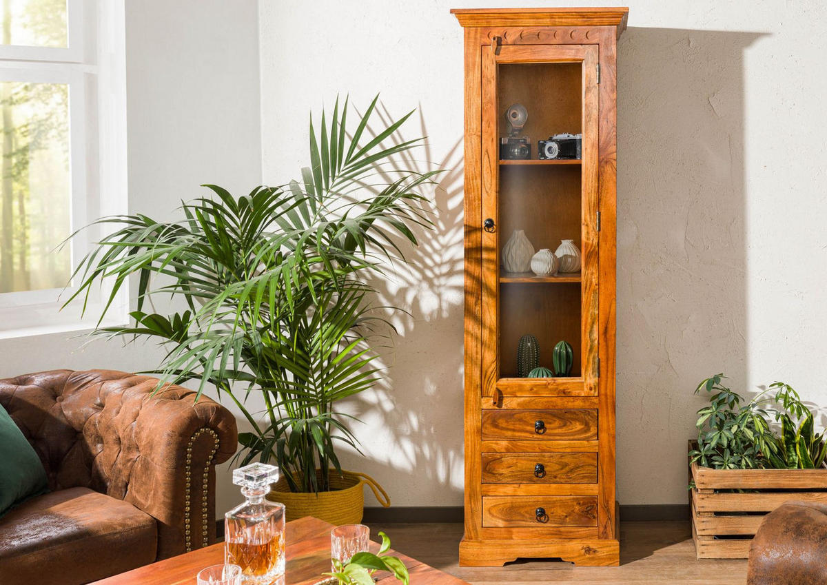 VITRINE Akazie 60x44x190 honig lackiert OXFORD #0528 - Braun, Holz (60/190/44cm) - Massivmoebel24