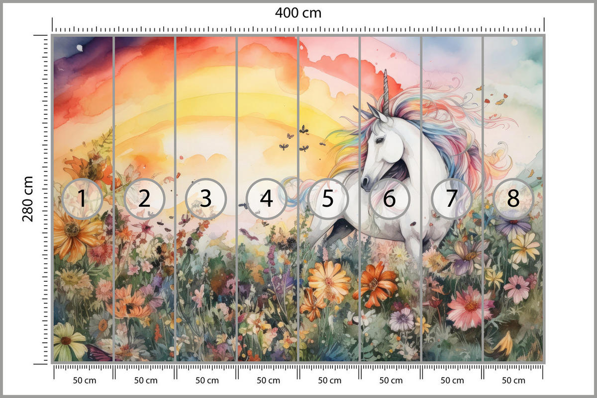 FOTOTAPETE für Kinderzimmer Einhorn Blumen Wiese Regenbogen Magisch Rosa 400x280 - Gelb/Rot, Papier (400/280cm) - Muralo