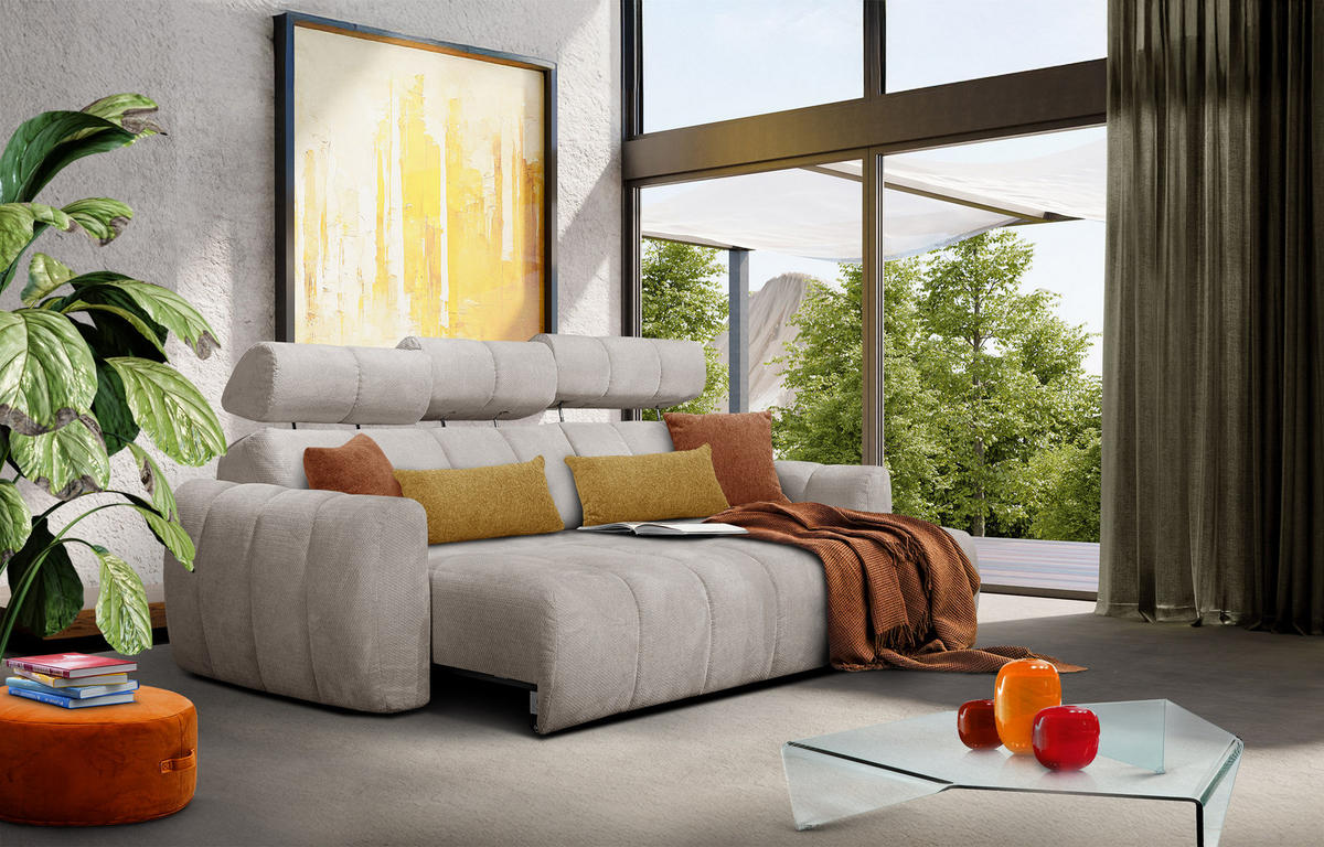 ECKSOFA KIMI 3-Sitzer, ausziehbarer Sitz, verstellbare Kopfstützen, beige - Beige/Schwarz, Holzwerkstoff/Textil (270/160cm) - Courtois Laville