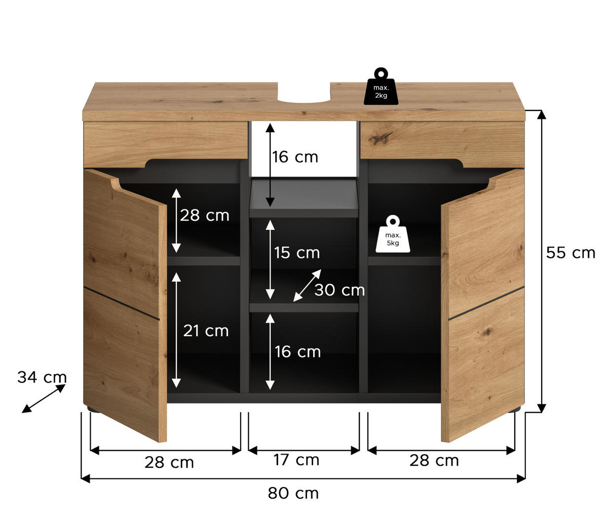 WASCHBECKENUNTERSCHRANK Eiche, grau 80 cm mit Soft-Close - Eiche Artisan/Grau, Holz/Holzwerkstoff (80/55/34cm) - Inn.Furn