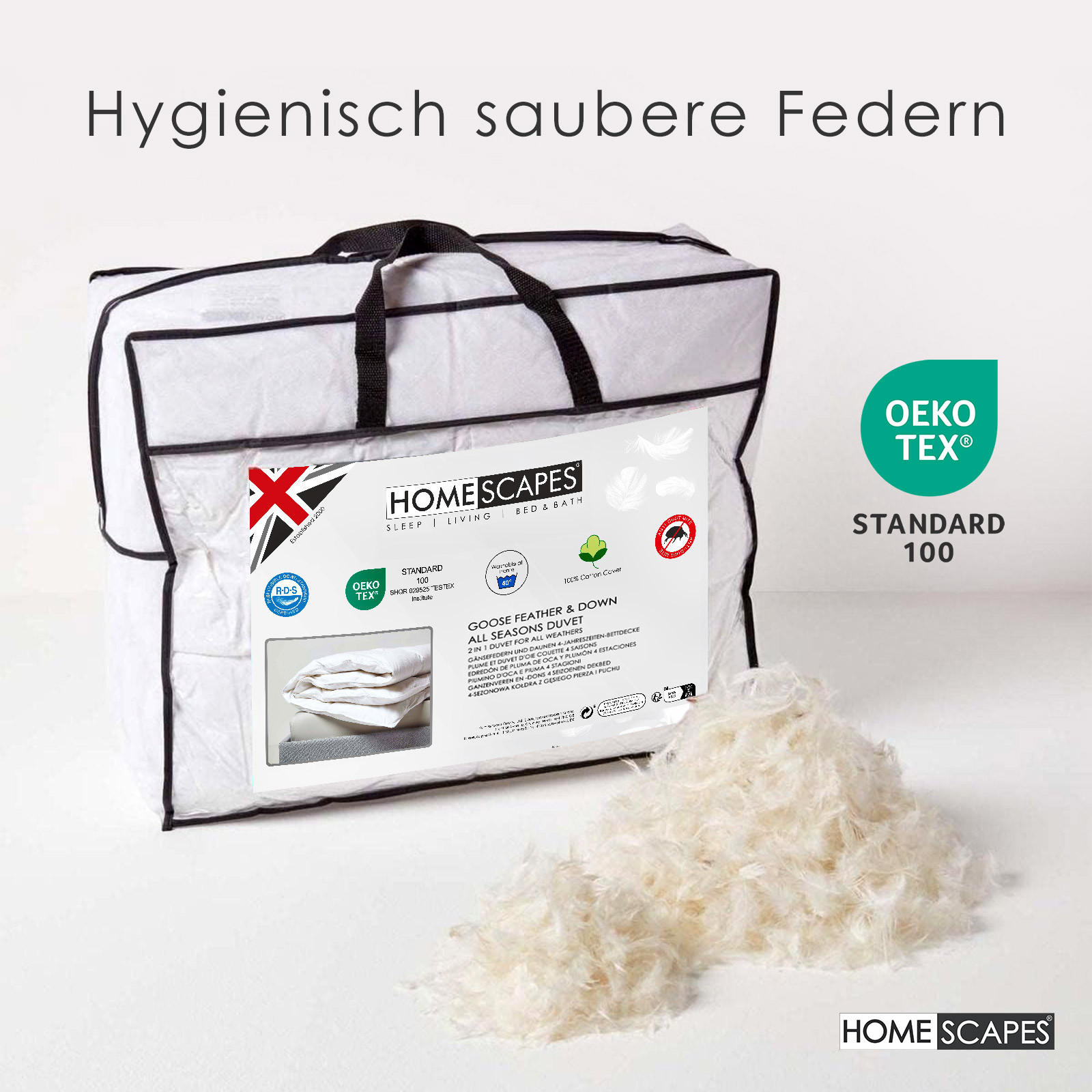 Thumbnail - Homescapes 4-Jahreszeiten-Bettdecke, Weiß, Textil, Füllung: Federn, Rechteckig, 260x220 cm, Oeko-Tex®, Schlaftextilien, ...