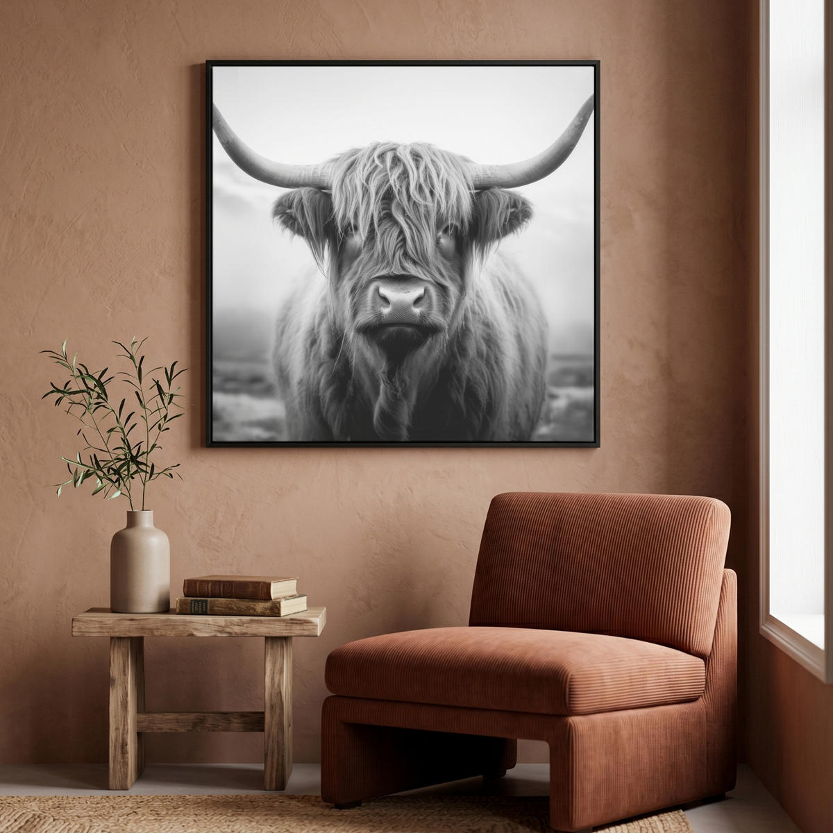 LEINWAND Bilder mit Rahmen - Schottischer Highlander - Nebel - Schwarz - Weiß - 90x90 - Grau, Textil (90/90cm) - MuchoWow
