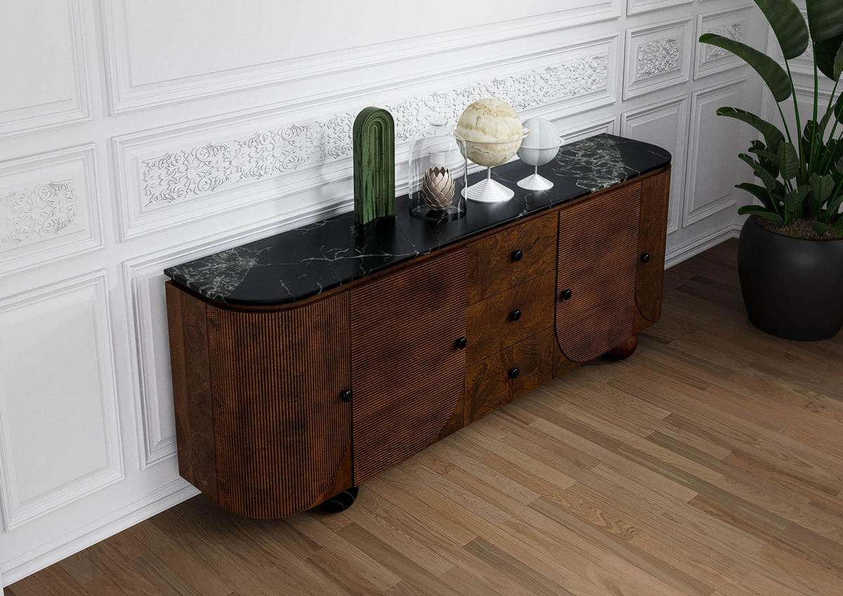 SIDEBOARD Mango 200x40x80 dunkelbraun lackiert / Marmor schwarz FLORENZ #222 - Dunkelbraun, Holz (200/80/40cm) - Massivmoebel24