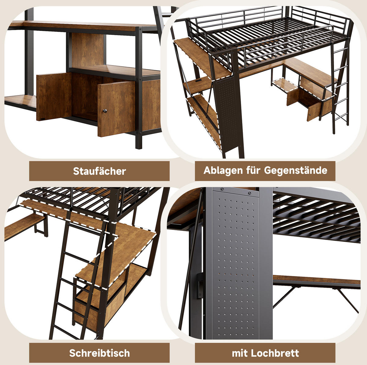 HOCHBETT 90/200 cm Schwarz aus Metall mit Schreibtisch und Stauraum - Schwarz, Metall (90/200cm) - OKMYHOME