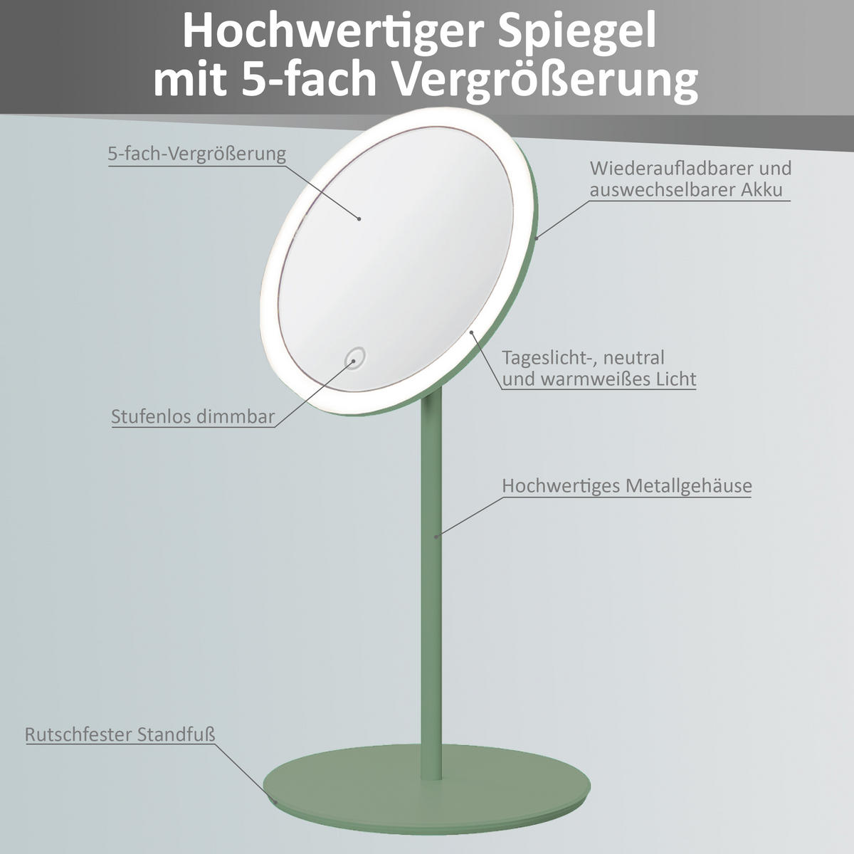 LED-KOSMETIKSPIEGEL - 5-fach Vergrößerung mit 3 Lichtfarben und Touch-Dimmer, Metallgehäuse olive, kabellos - Grün, Metall (16/34/16cm) - Northpoint