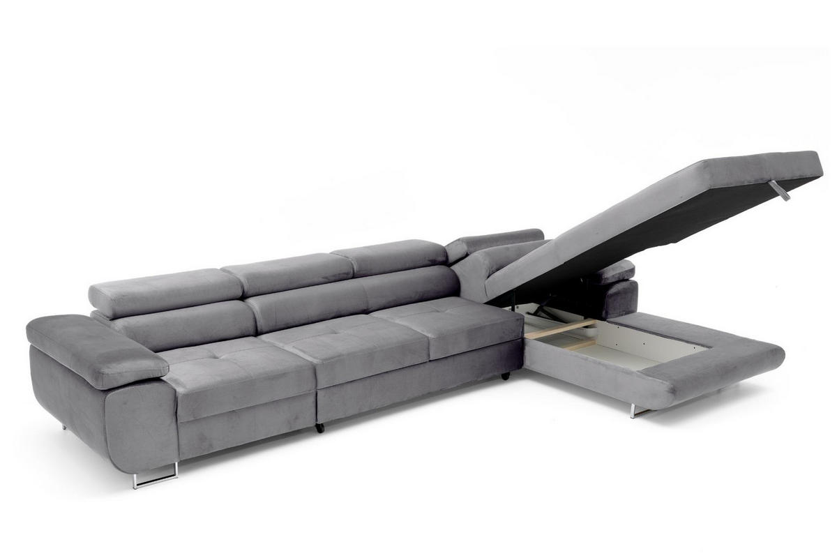 ECKSOFA ALONZO MAXI Rechts mit Schlaffunktion 125x195 Velours Grau - Silberfarben/Grau, Holz/Textil (203/350cm) - Muffo