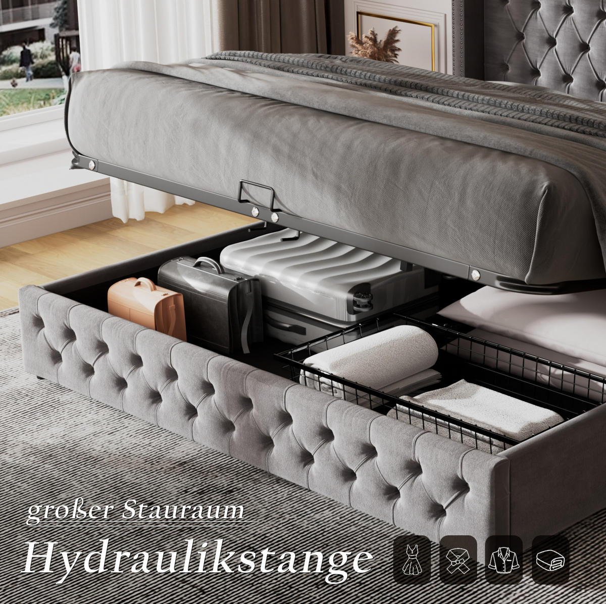 POLSTERBETT 140/200 cm Grau Samt mit hydraulischem Bettkasten und Kopfteil 94,5 cm - Grau, Holzwerkstoff (140/200cm) - OKWISH